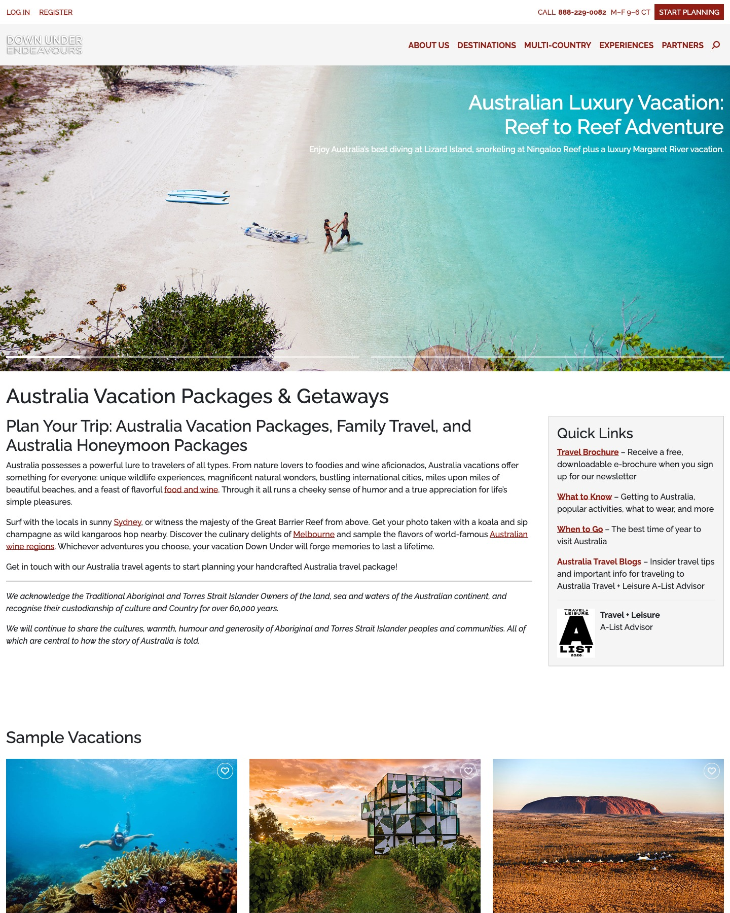 Australia destinations hub with sample vacations