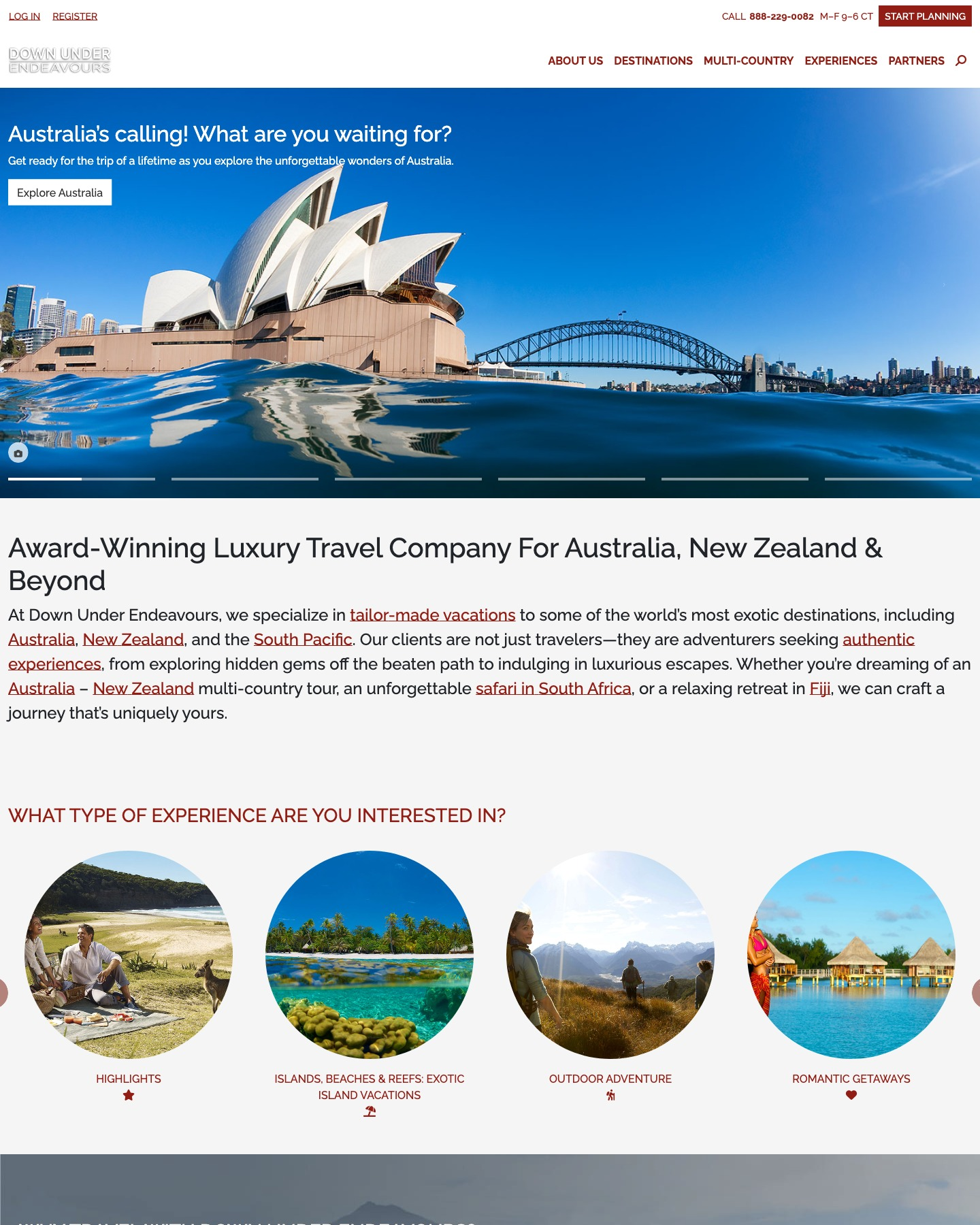 Down Under Endeavours homepage after the 2023 revamp: hero, experience types, and trust bar