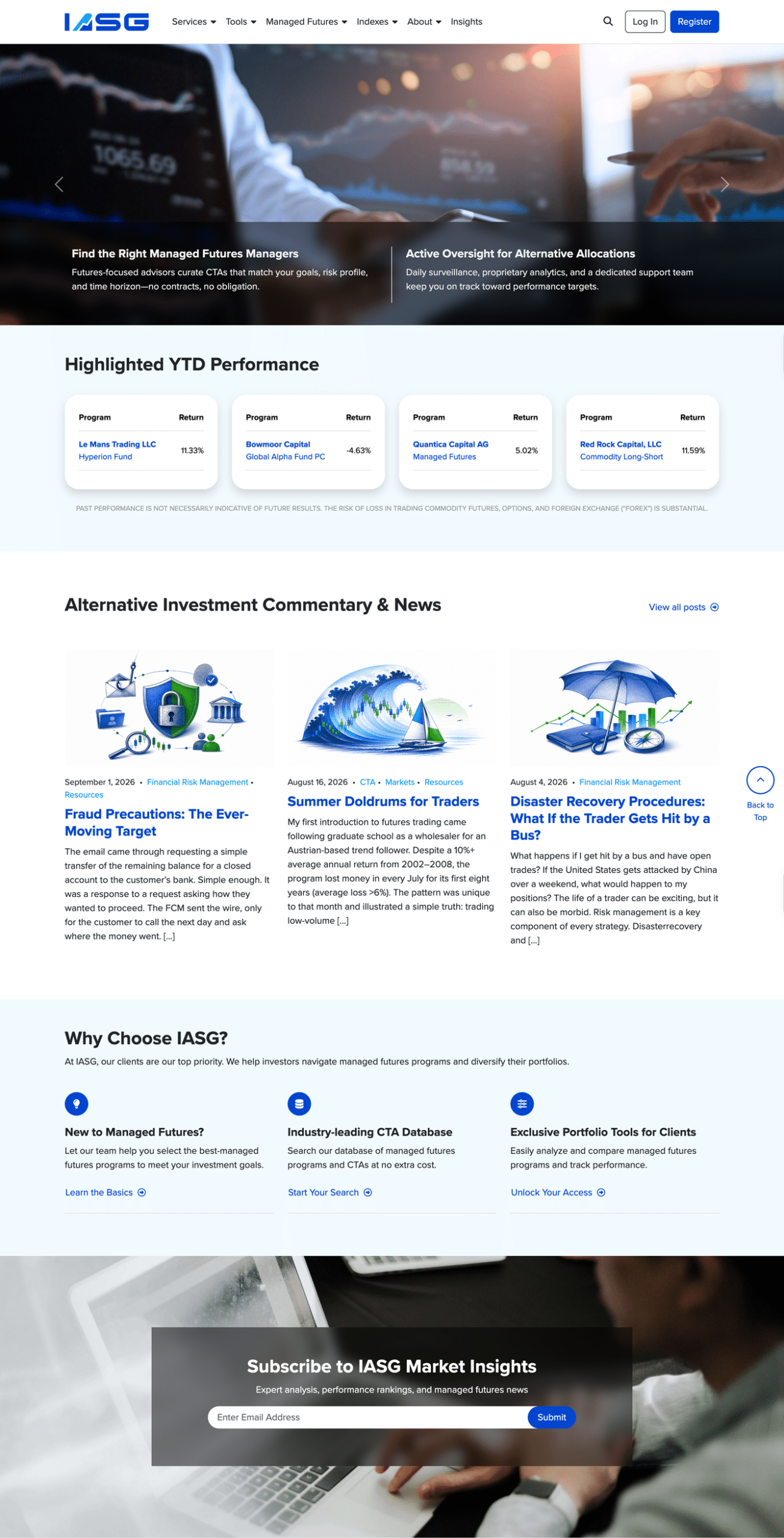 IASG.com homepage on the v2 platform with live year-to-date program performance