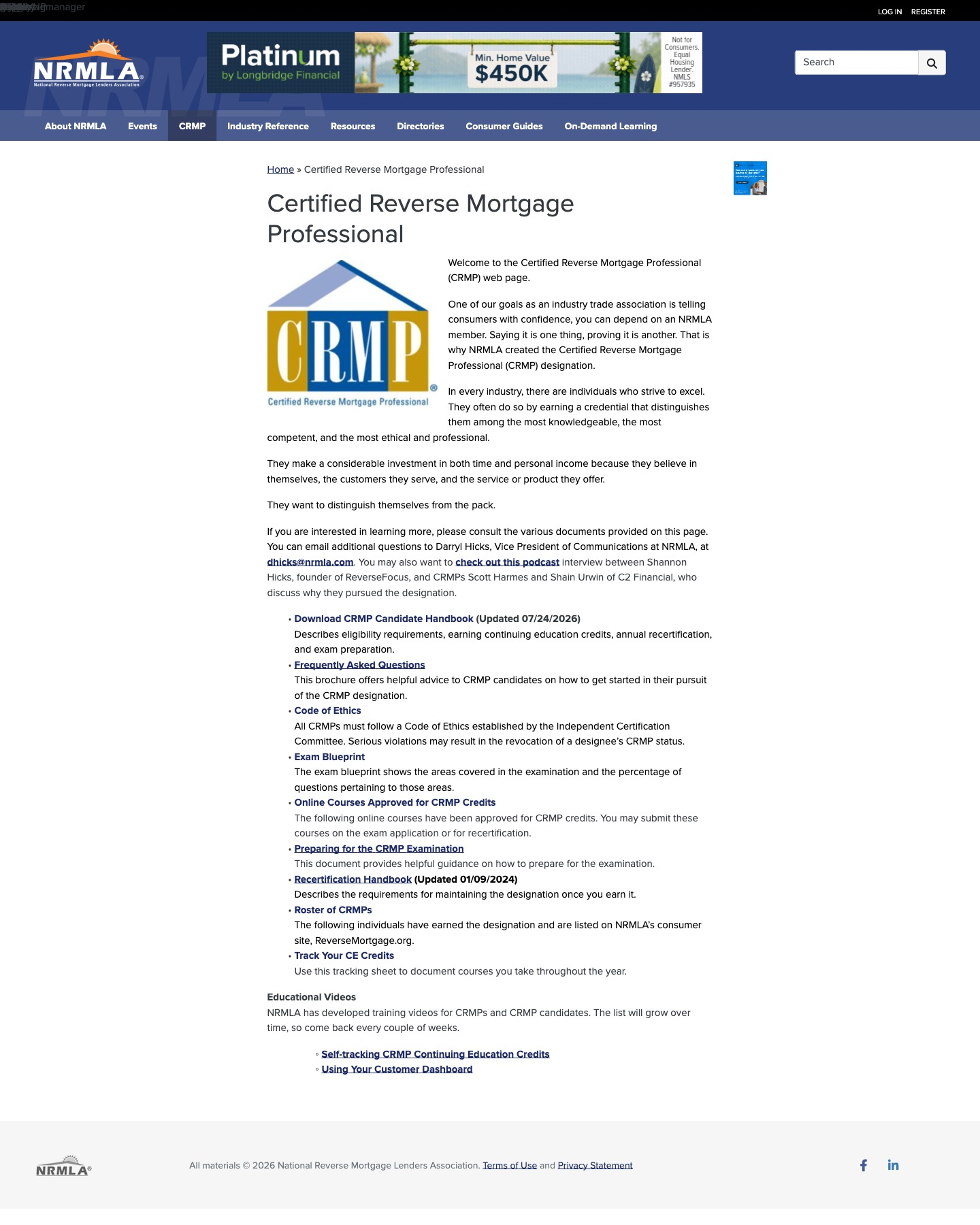 Certified Reverse Mortgage Professional (CRMP) program page