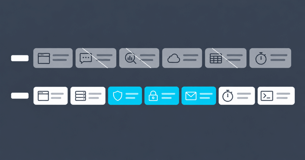 Two rows of software tool cards on a dark background, last year's row in gray with three cards crossed out, this year's row in white with three new cards highlighted in cyan