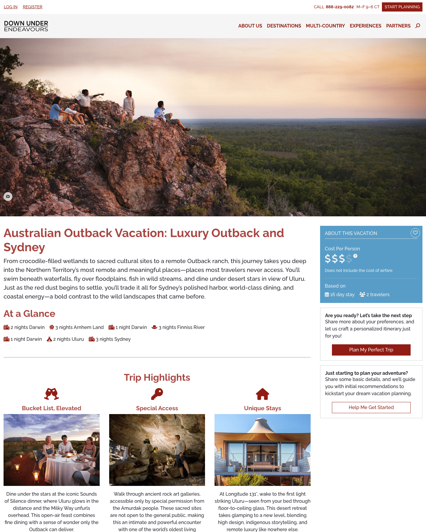 An Australian Outback trip package on the 2023 template: at-a-glance nights, trip highlights, and the plan-my-trip card