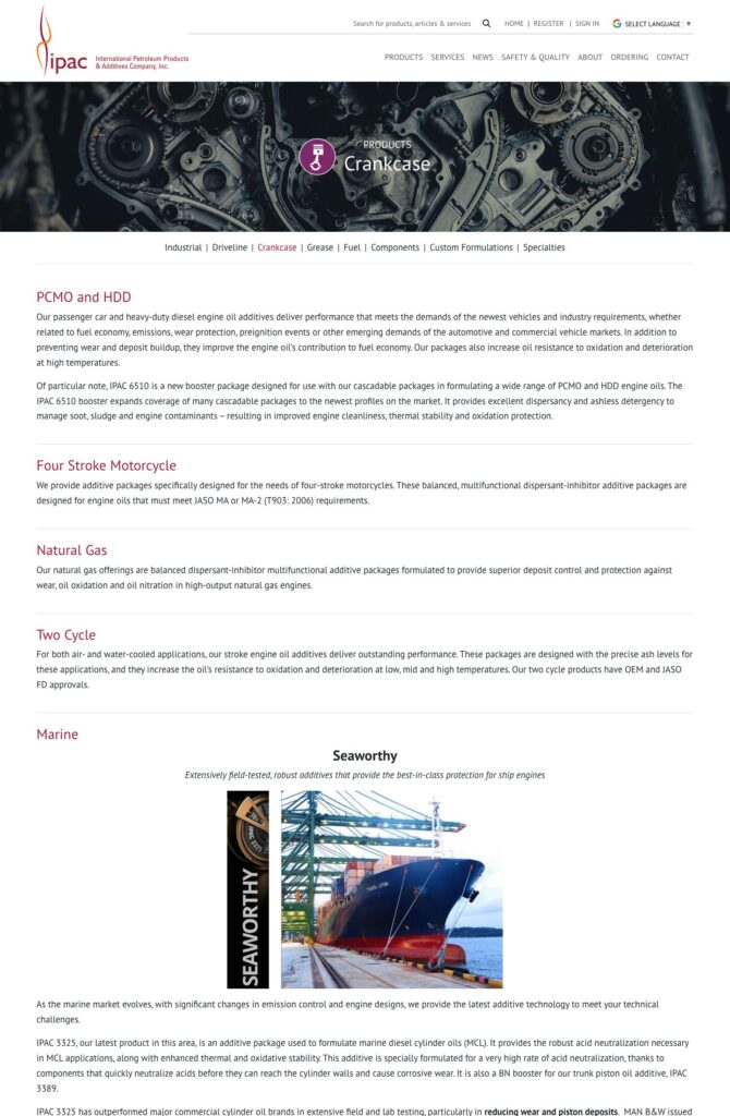 Crankcase category page, public product descriptions with technical documents reserved for signed-in customers
