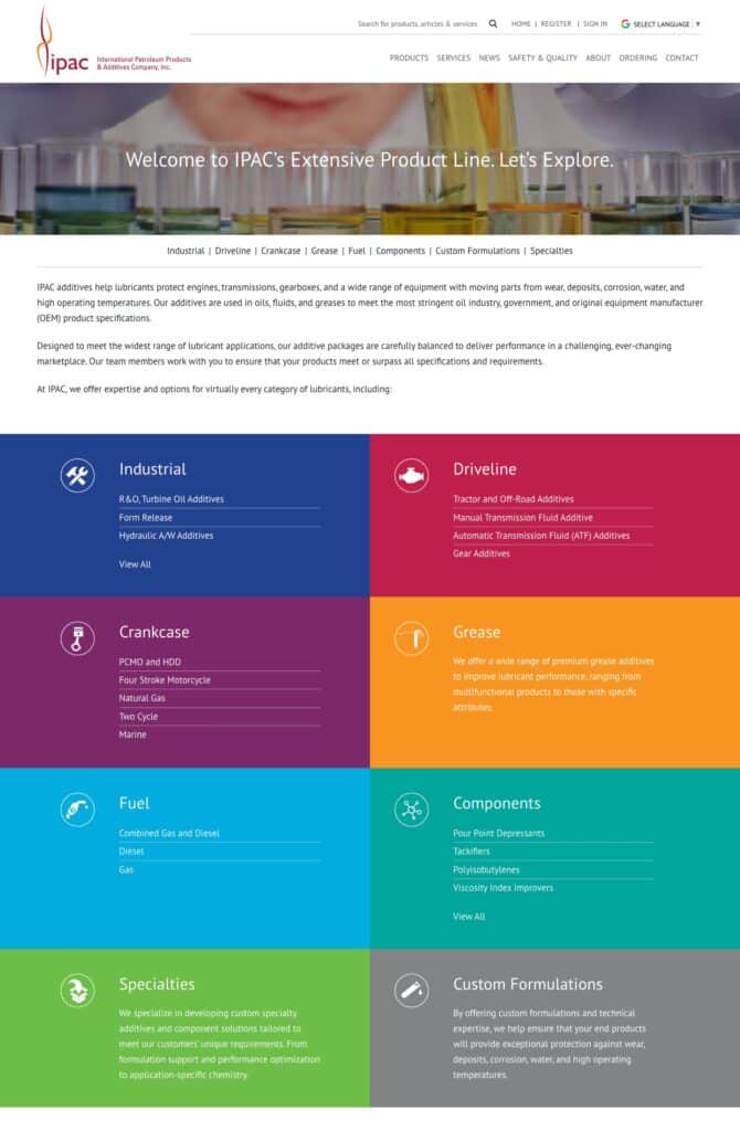 IPAC Products page with the eight product categories and their product types