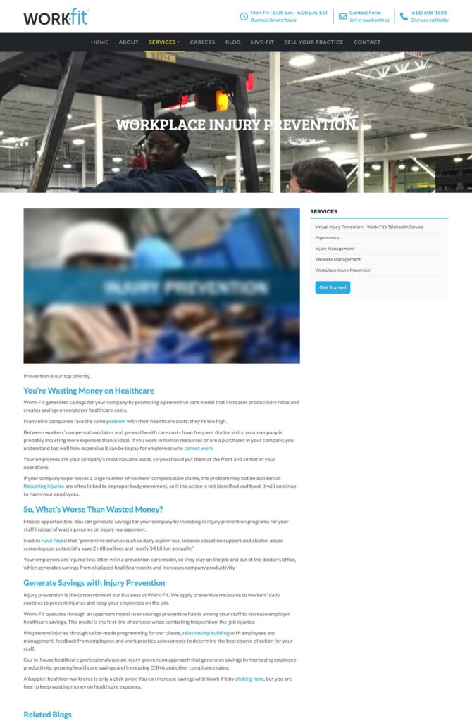Workplace Injury Prevention service page with the services sidebar